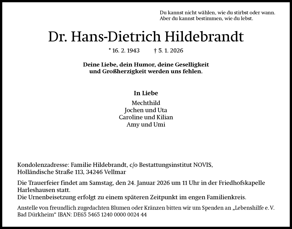  Traueranzeige für Hans-Dietrich Hildebrandt vom 17.01.2026 aus HNA