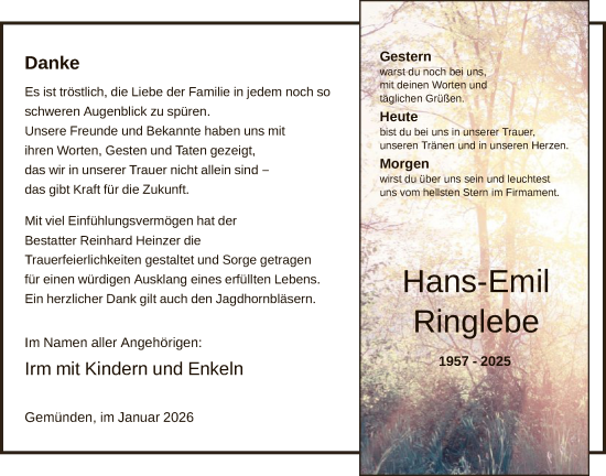 Traueranzeige von Hans-Emil Ringlebe von HNA