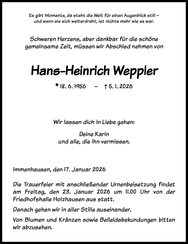  Traueranzeige für Hans-Heinrich Weppler vom 17.01.2026 aus HNA