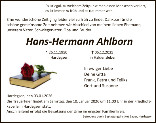 Traueranzeige von Hans-Hermann Ahlborn von HNA