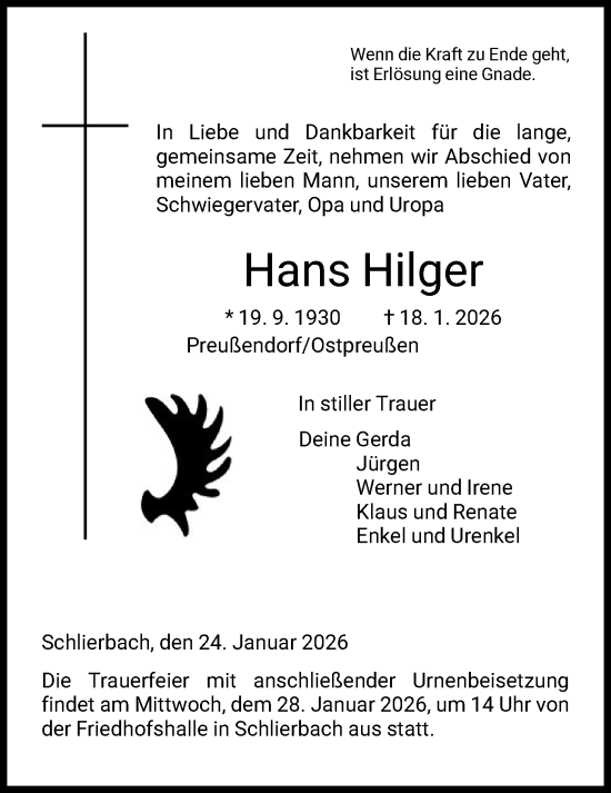 Traueranzeige von Hans Hilger von HNAHNA