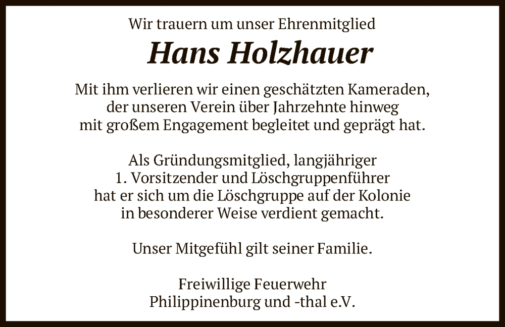  Traueranzeige für Hans Holzhauer vom 10.01.2026 aus HNA