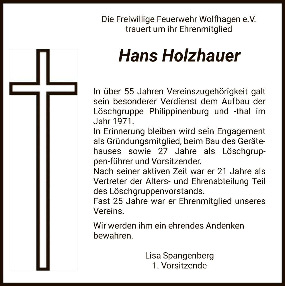  Traueranzeige für Hans Holzhauer vom 10.01.2026 aus HNA