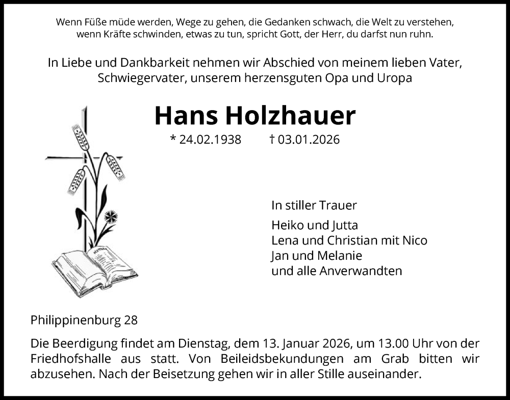  Traueranzeige für Hans Holzhauer vom 10.01.2026 aus HNA