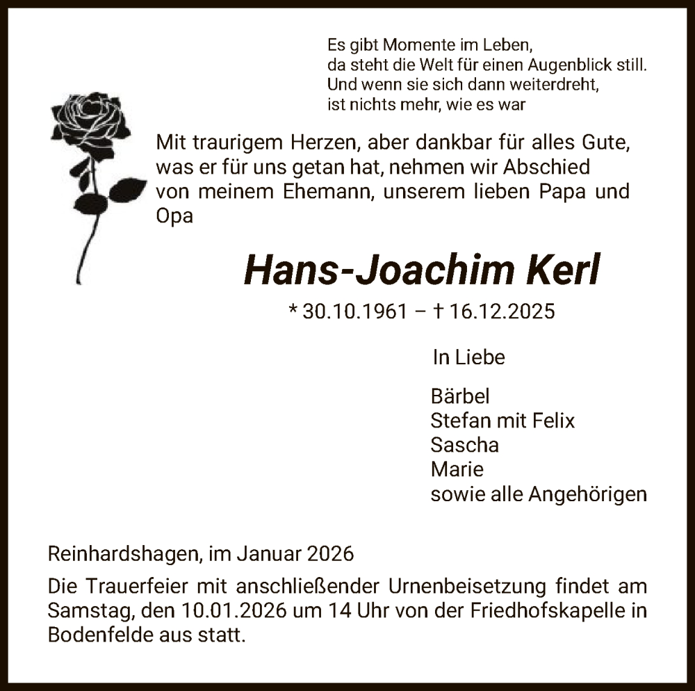  Traueranzeige für Hans-Joachim Kerl vom 08.01.2026 aus HNA