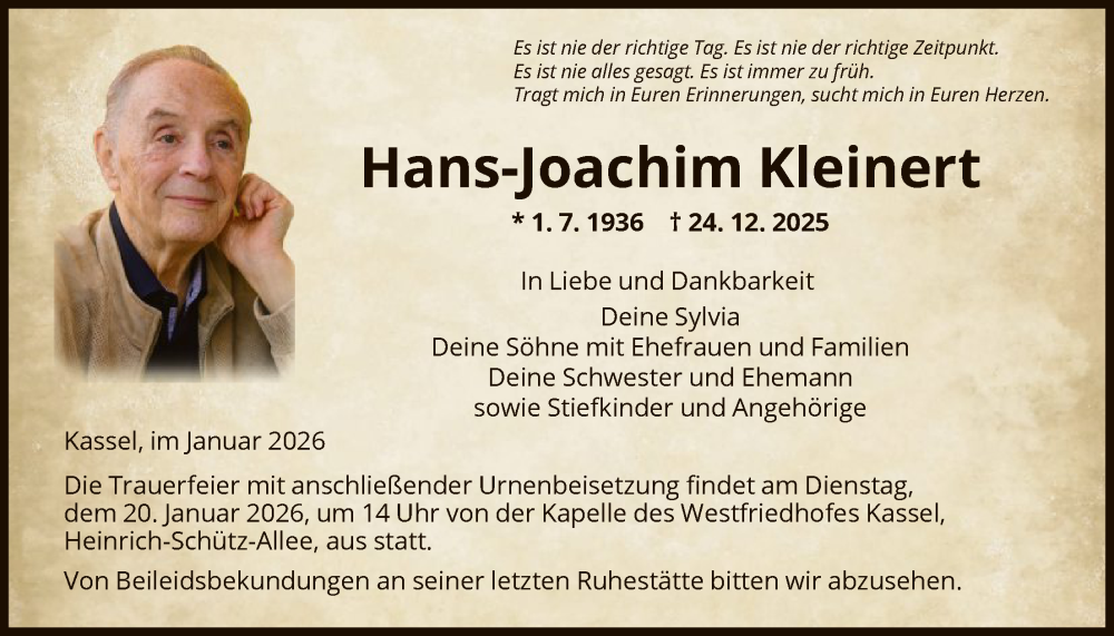  Traueranzeige für Hans-Joachim Kleinert vom 17.01.2026 aus HNA