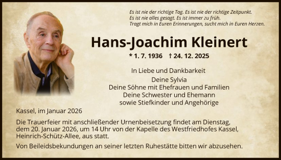 Traueranzeige von Hans-Joachim Kleinert von HNA