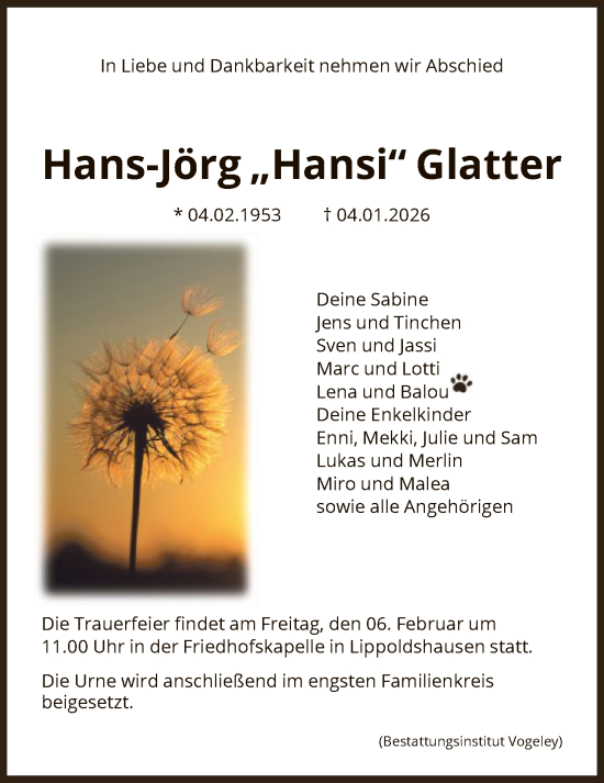 Traueranzeige von Hans-Jörg Glatter von HNA