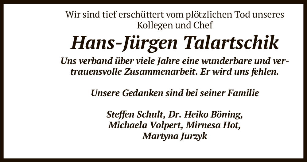  Traueranzeige für Hans-Jürgen Talartschik vom 21.01.2026 aus HNA