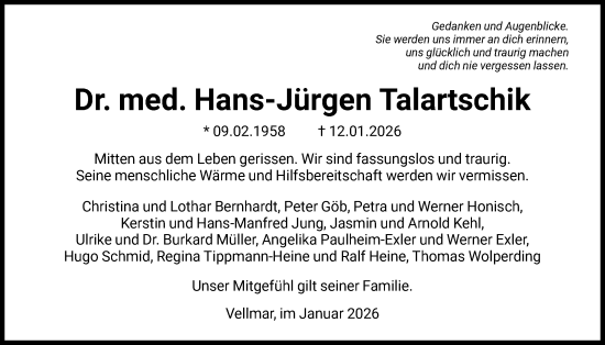 Traueranzeige von Hans-Jürgen Talartschik von HNA