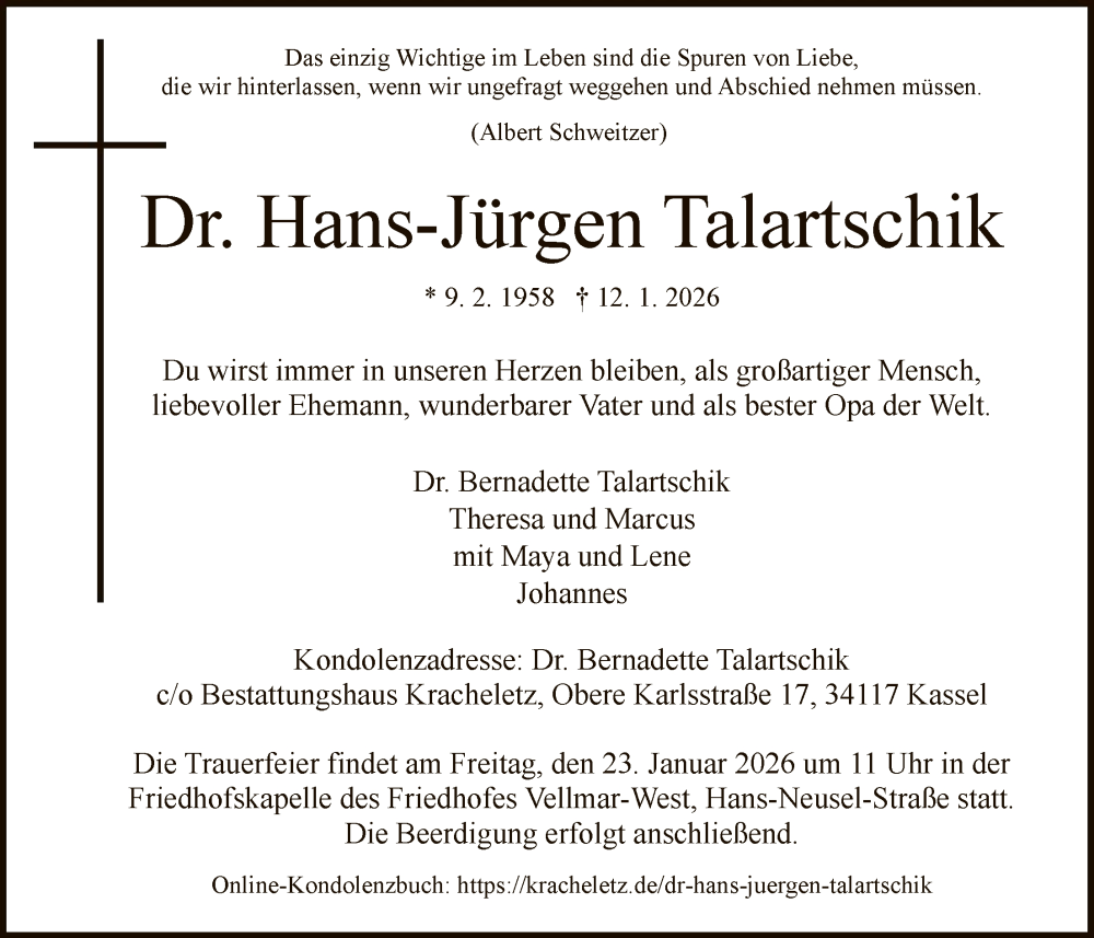  Traueranzeige für Hans-Jürgen Talartschik vom 17.01.2026 aus HNA