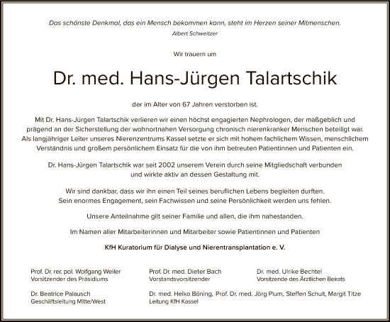 Traueranzeige von Hans-Jürgen Talartschik von HNA