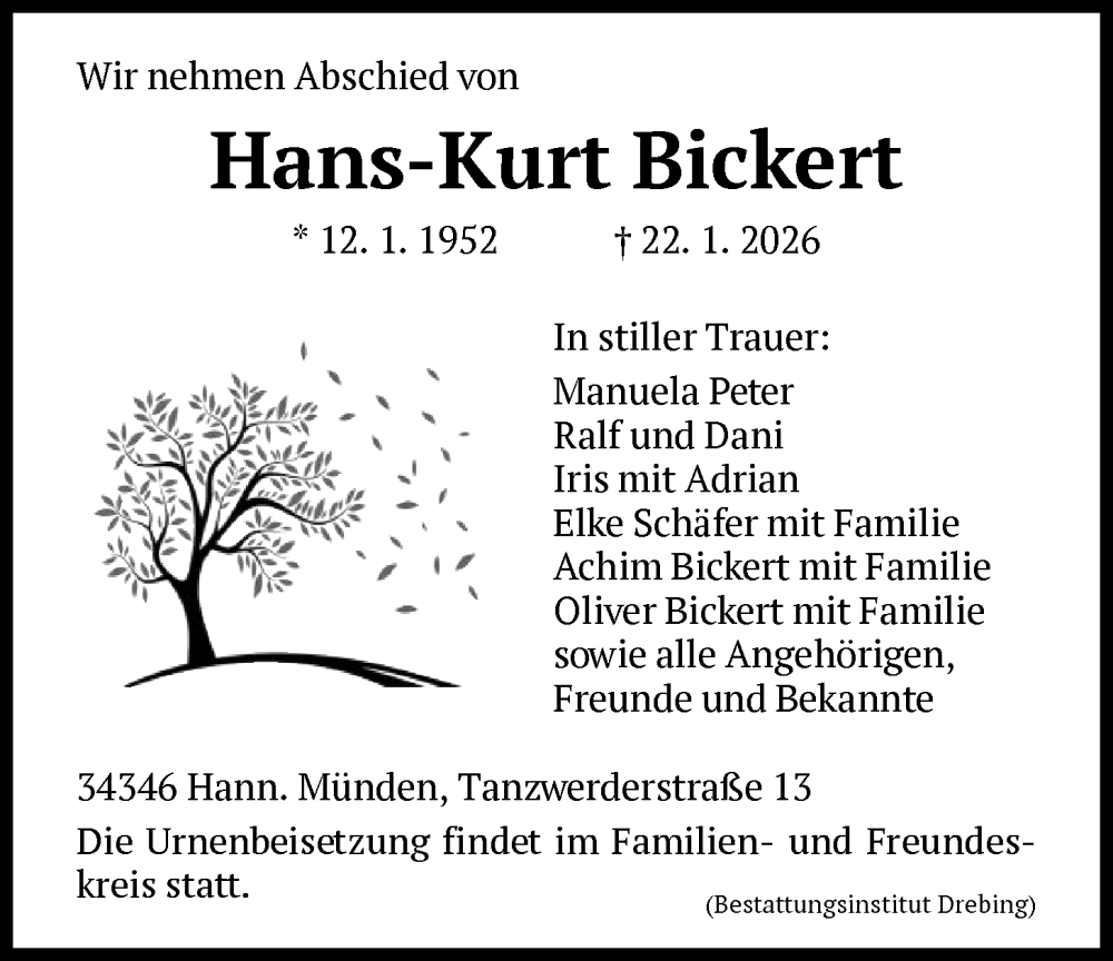 Traueranzeige für Hans-Kurt Bickert vom 31.01.2026 aus HNA