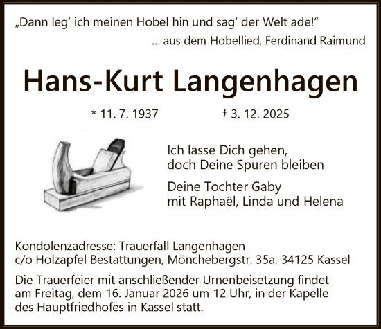 Traueranzeige von Hans-Kurt Langenhagen von HNA