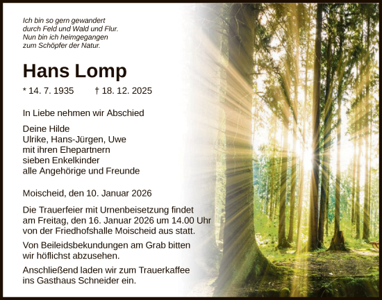Traueranzeige von Hans Lomp von HNA