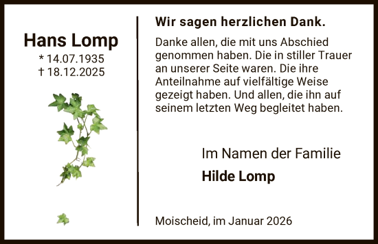Traueranzeige von Hans Lomp von HNA
