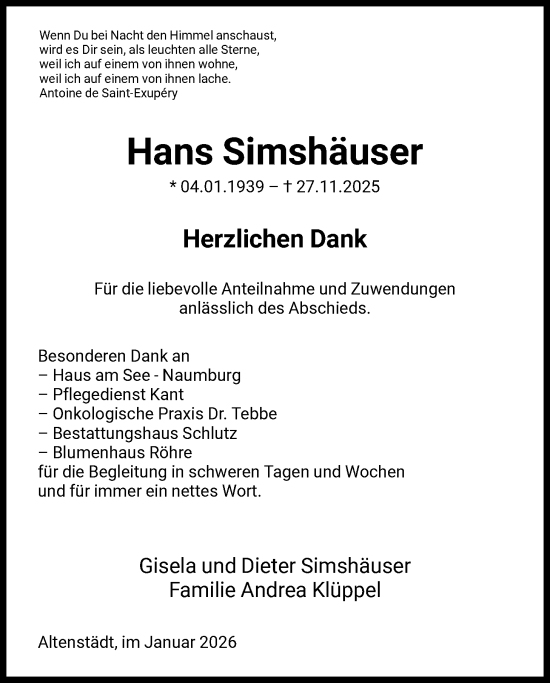 Traueranzeige von Hans Simshäuser von HNA