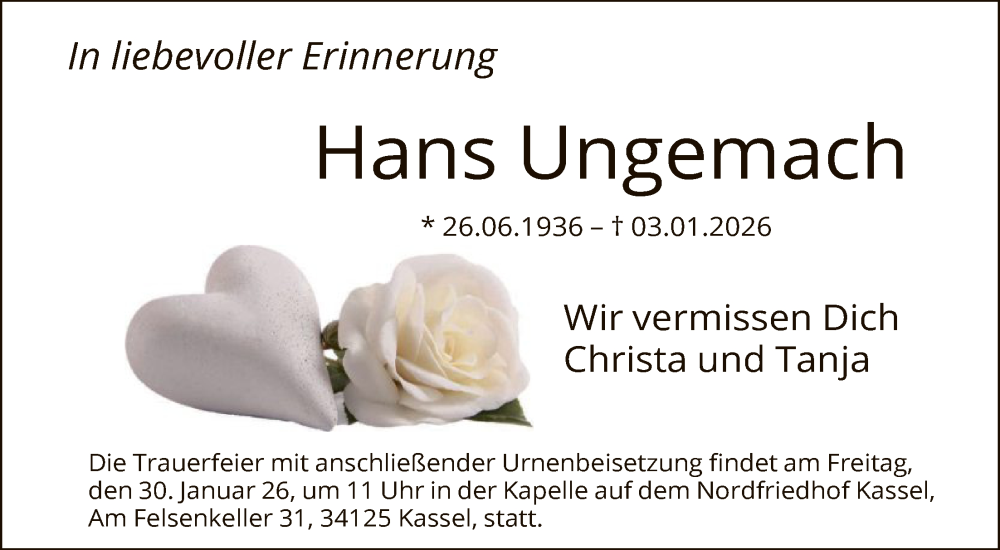  Traueranzeige für Hans Ungemach vom 24.01.2026 aus HNA