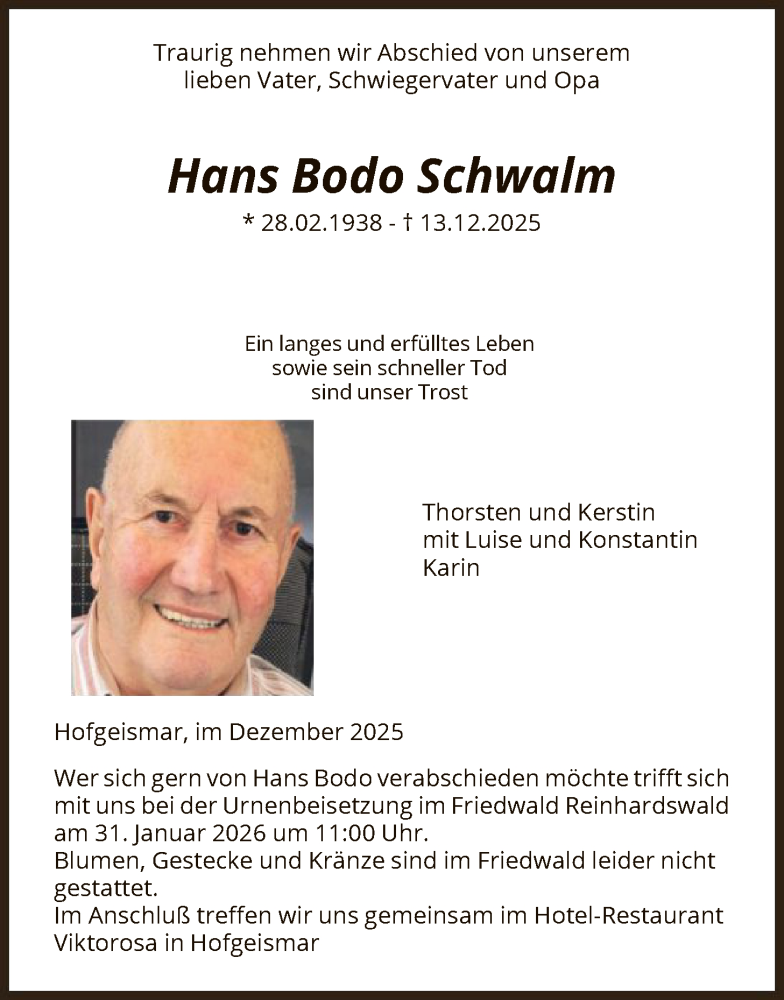  Traueranzeige für Hans Bodo Schwalm vom 10.01.2026 aus HNA