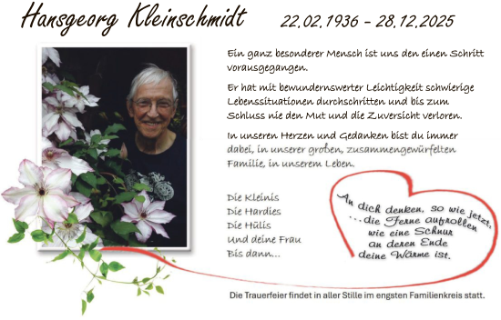 Traueranzeige von Hansgeorg Kleinschmidt von HNA