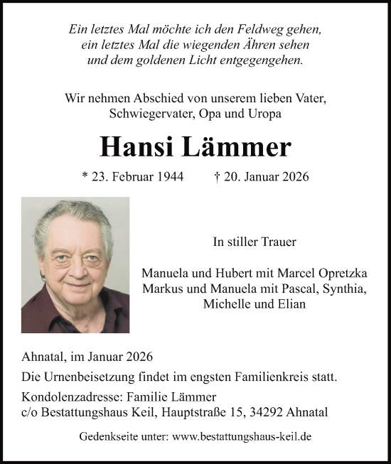 Traueranzeige von Hansi Lämmer von HNA