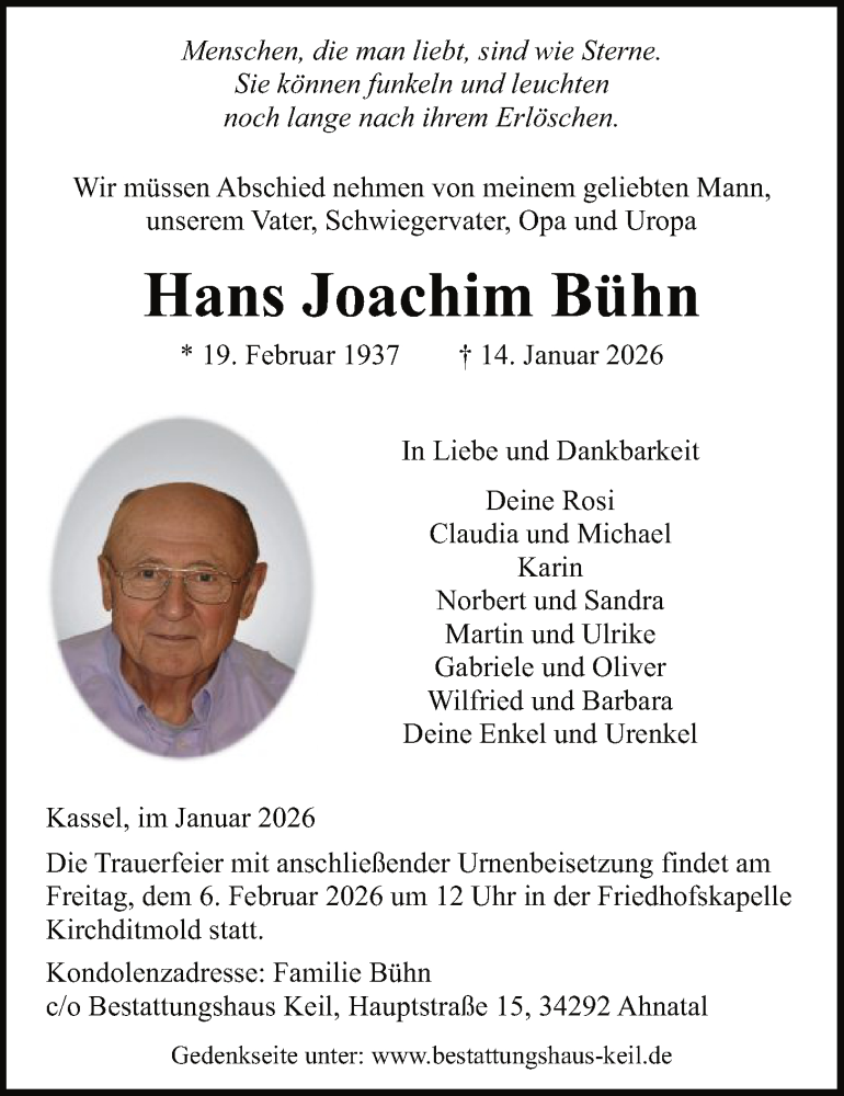 Traueranzeige für Hans Joachim Bühn vom 30.01.2026 aus HNA