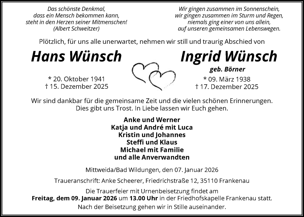  Traueranzeige für Hans und Ingrid Wünsch vom 07.01.2026 aus HNA