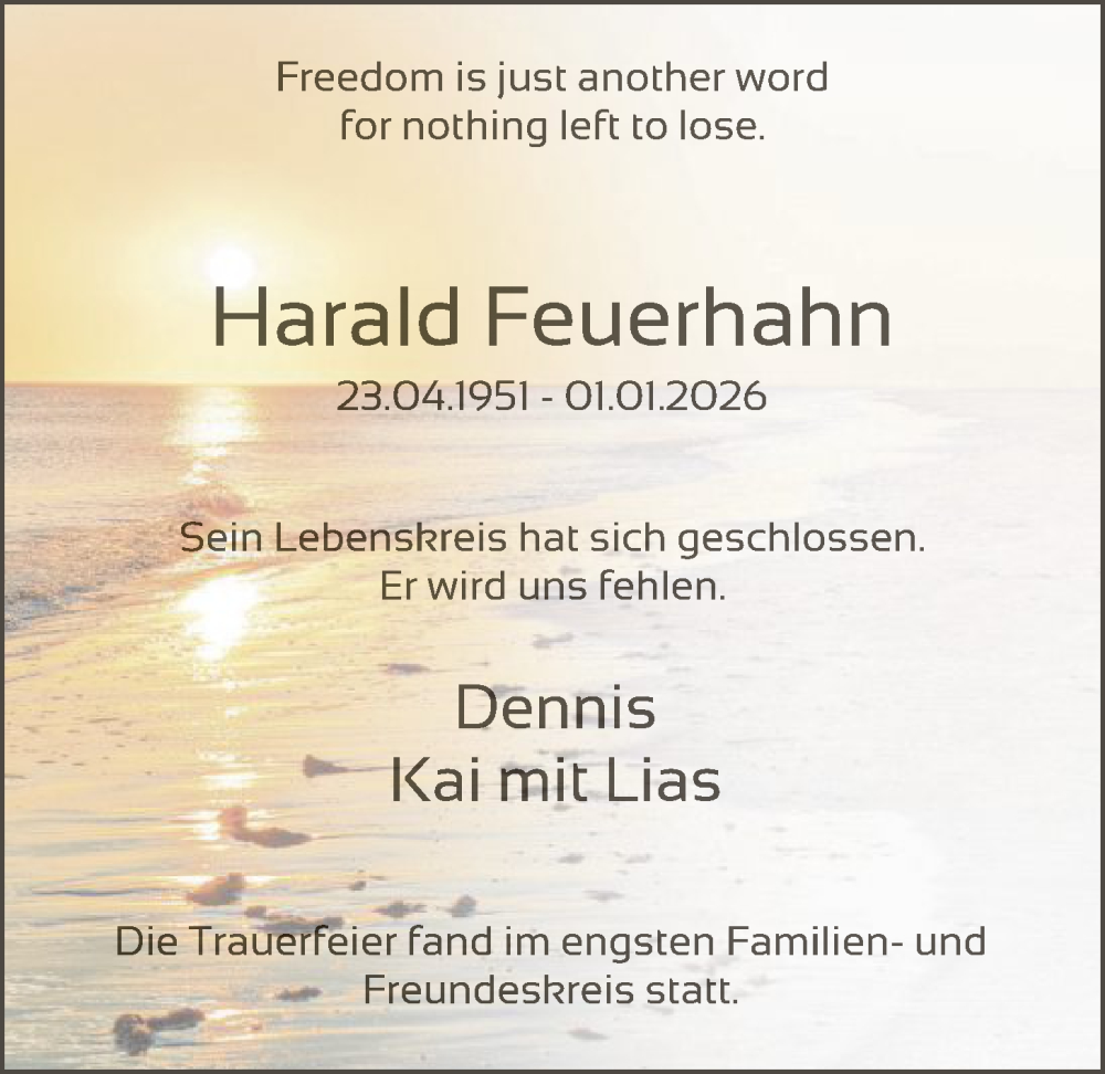  Traueranzeige für Harald Feuerhahn vom 31.01.2026 aus HNHNA