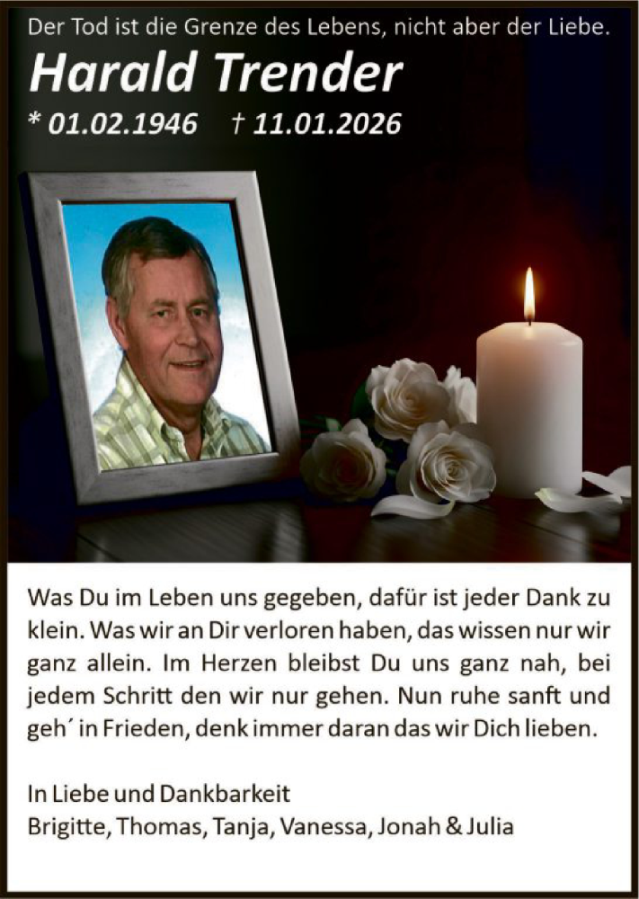  Traueranzeige für Harald Trender vom 24.01.2026 aus HNA