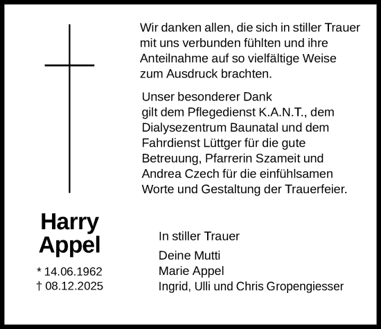 Traueranzeige von Harry Appel von HNA