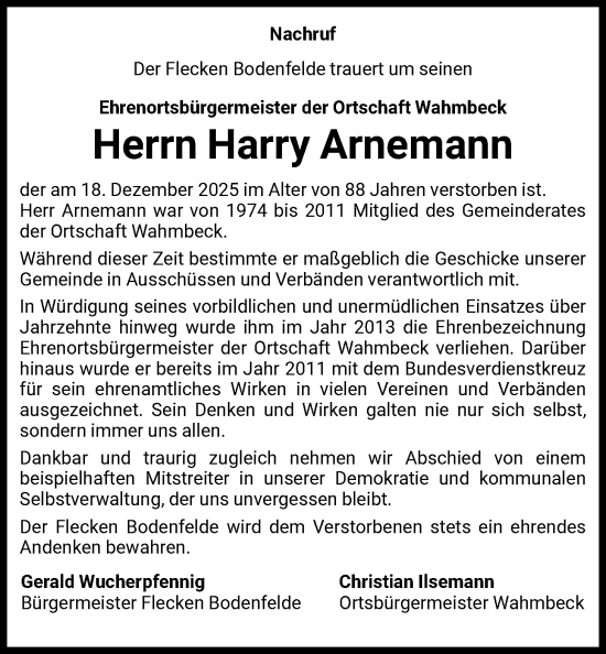 Traueranzeige von Harry Arnemann von HNA