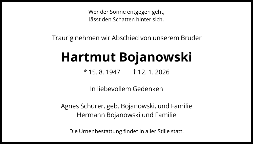  Traueranzeige für Hartmut Bojanowski vom 24.01.2026 aus HNA