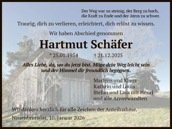 Traueranzeige von Hartmut Schäfer von HNA
