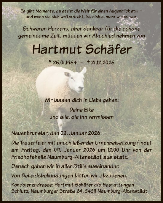 Traueranzeige von Hartmut Schäfer von HNA