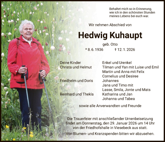 Traueranzeige von Hedwig Kuhaupt von HNA