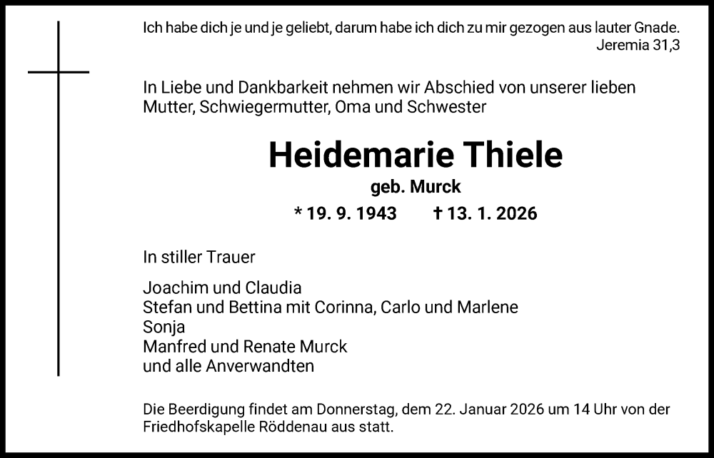  Traueranzeige für Heidemarie Thiele vom 19.01.2026 aus HNAWLZ
