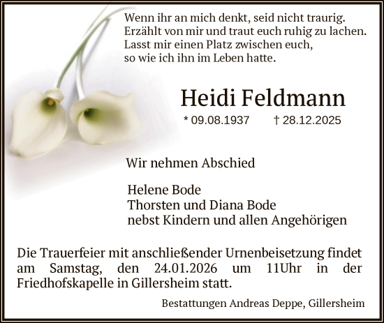 Traueranzeige von Heidi Feldmann von HNA