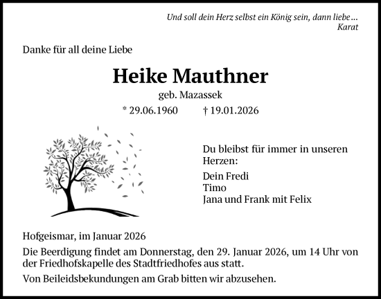 Traueranzeige von Heike Mauthner von HNA