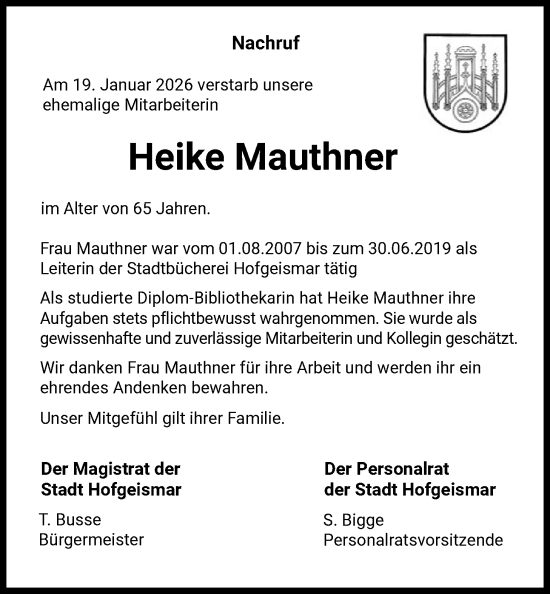 Traueranzeige von Heike Mauthner von HNA