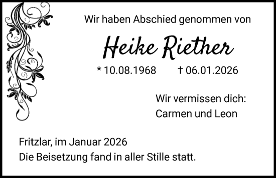 Traueranzeige von Heike Riether von HNA