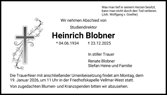 Traueranzeige von Heinrich Blobner von HNA