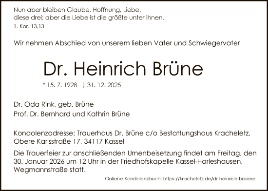 Traueranzeige von Heinrich Brüne von HNA