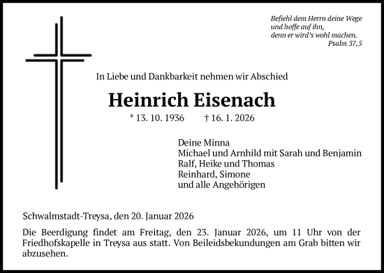 Traueranzeige von Heinrich Eisenach von HNA