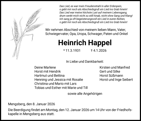 Traueranzeige von Heinrich Happel von HNA