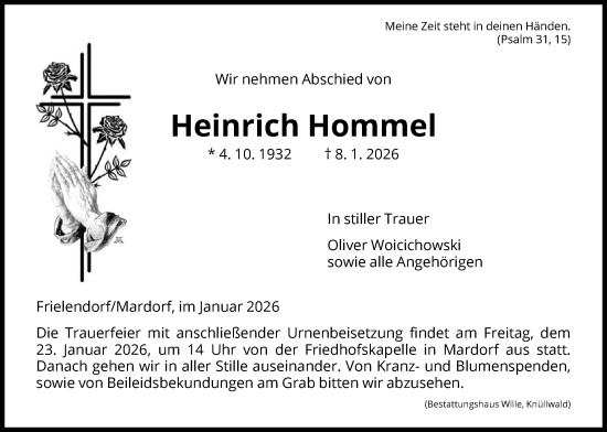Traueranzeige von Heinrich Hommel von HNA