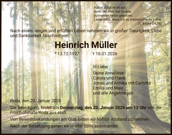 Traueranzeige von Heinrich Müller von HNA