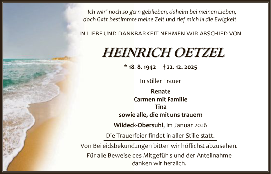 Traueranzeige von Heinrich Oetzel von HNA