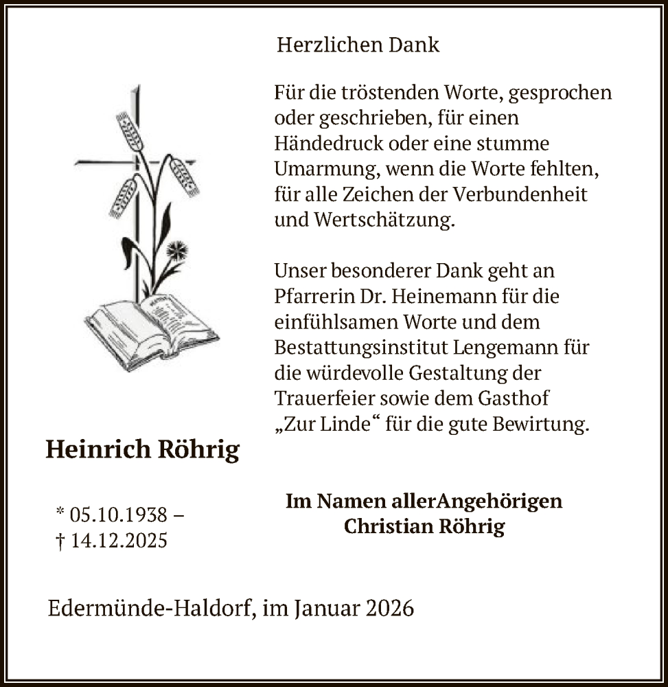  Traueranzeige für Heinrich Röhrig vom 31.01.2026 aus HNA