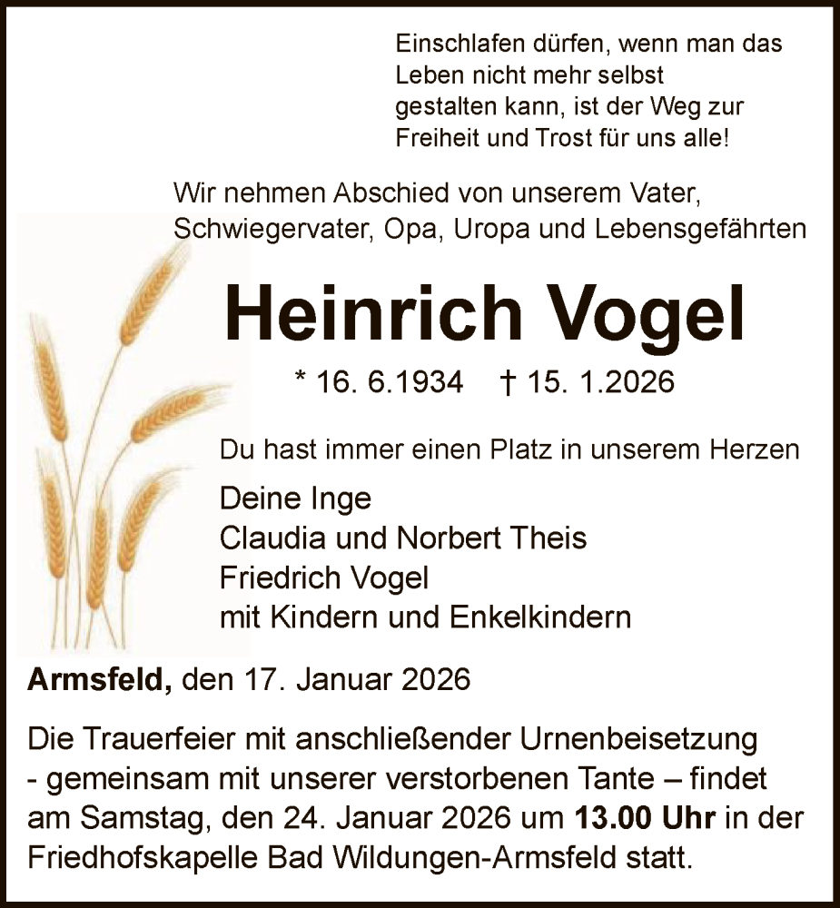  Traueranzeige für Heinrich Vogel vom 17.01.2026 aus WLZHNA