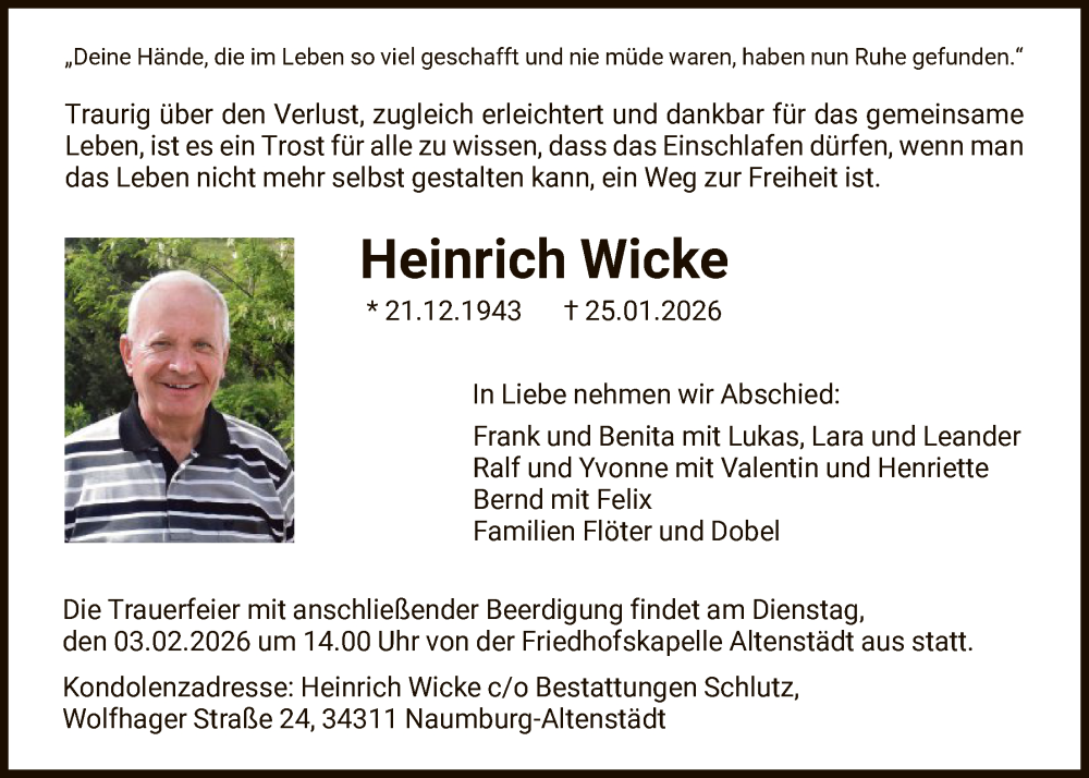  Traueranzeige für Heinrich Wicke vom 31.01.2026 aus HNA